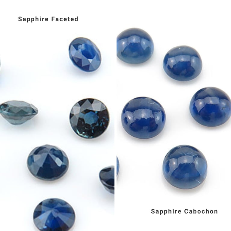 Two collections of sparkling blue sapphire gemstones: faceted sapphires on the left and smooth sapphire cabochons on the