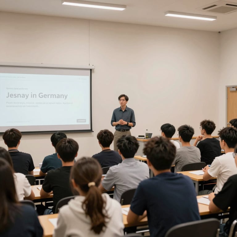 A seminar hall in Indonesia with off-white walls where students listen to a talk about life in Germany.