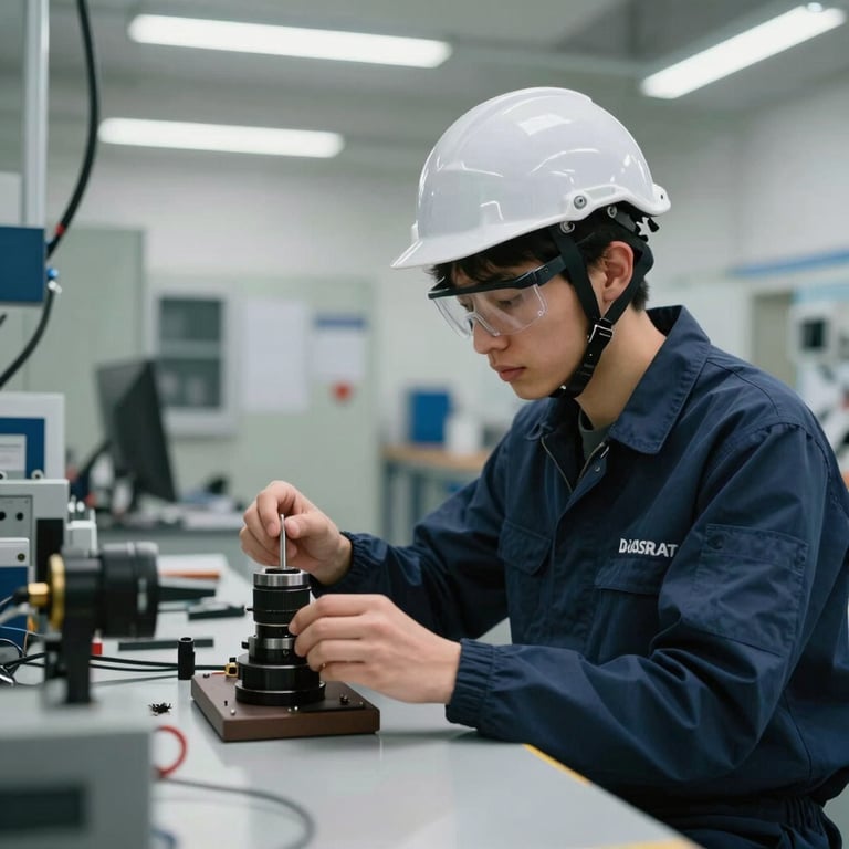 A student wearing safety gear while learning engineering in a modern German technical workshop.