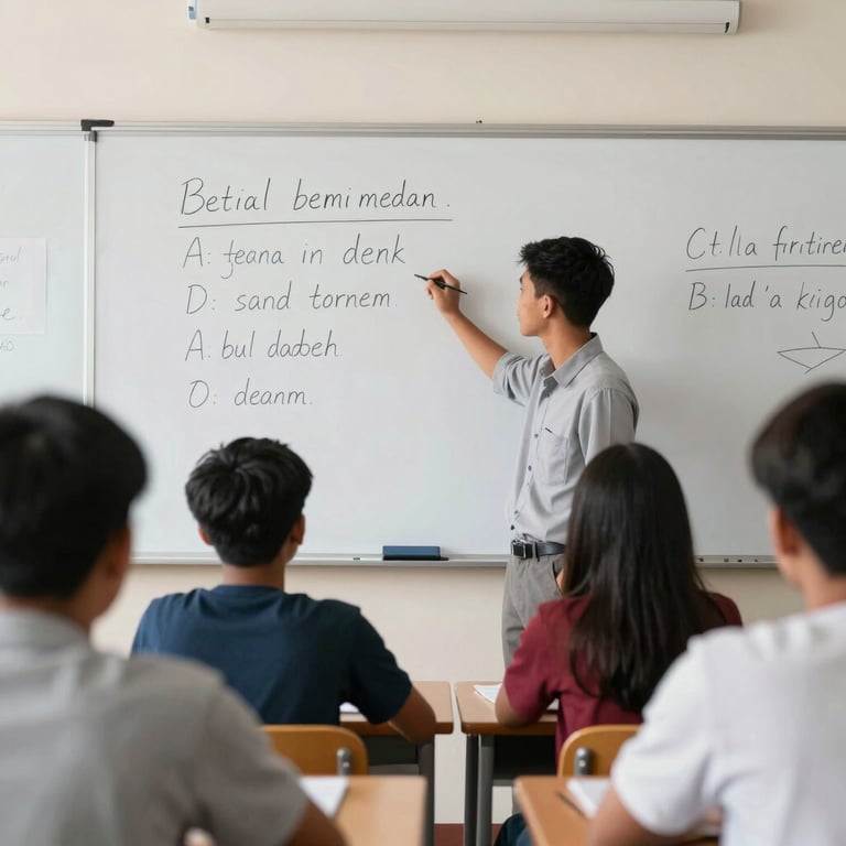 Indonesian youth in a modern classroom focused on studying German grammar from a whiteboard.