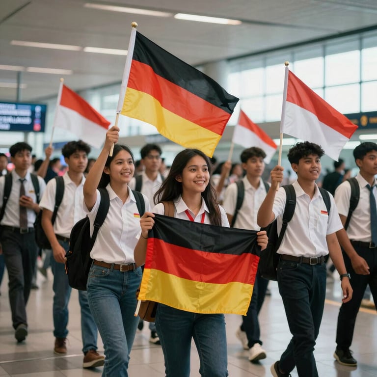 Joyful departure at an Indonesian airport with students holding German and Indonesian flags.