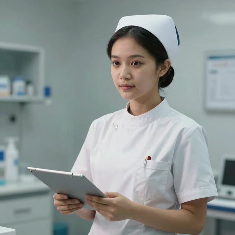 A young Indonesian nursing trainee in a professional and clean German healthcare environment.