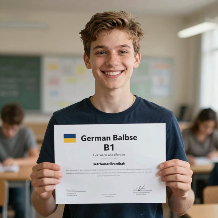 A happy student showing their German language B1 certification with a bright smile.