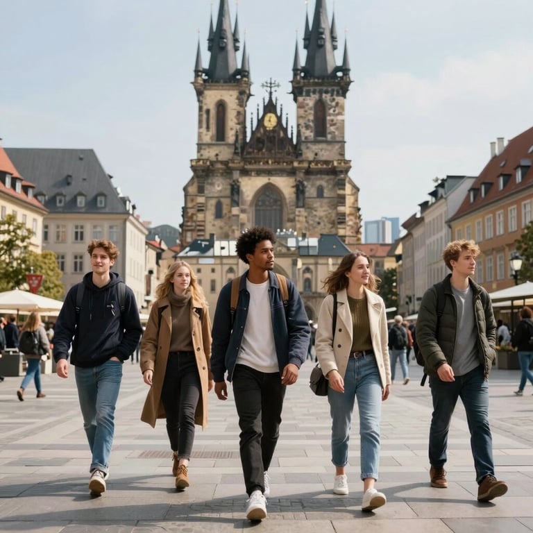 A group of diverse young people walking through a beautiful, historic German city square on a clear day.