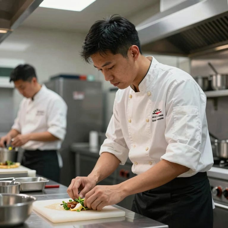 A Southeast Asian young professional training as a culinary apprentice in a high-tech German kitchen.