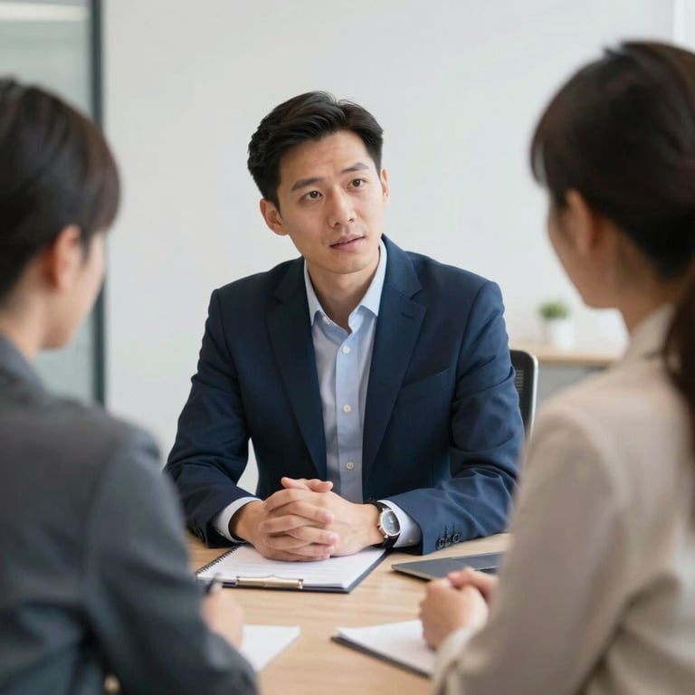 A career consultant in a deep blue professional suit talking to a student and parent in a clean, modern office.