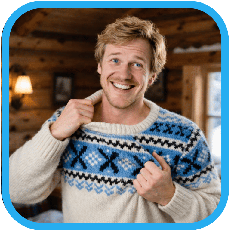 a man wearing a very itchy sweater