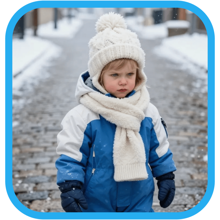 a young child wearing full outdoor clothes making a mean face
