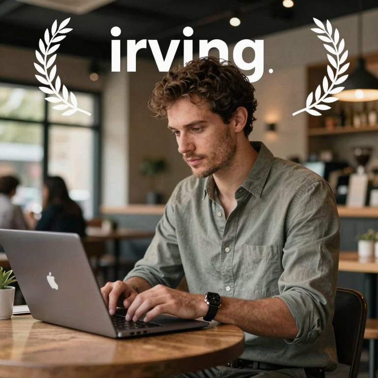 Lifestyle branding photograph of a male entrepreneur working on a laptop in a trendy Irving cafe.