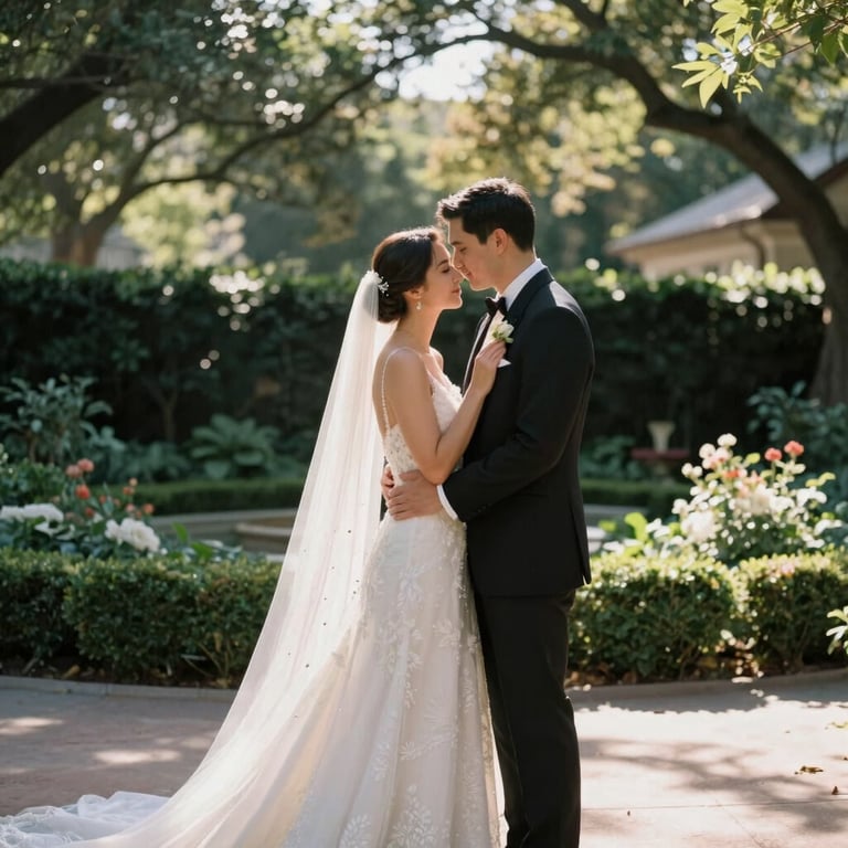 Elegant wedding portrait of a couple in a Dallas garden, natural afternoon sun, high-end photography style.