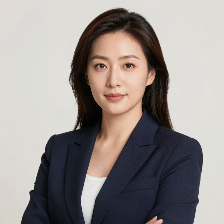 A sharp, professional headshot of a female executive in a navy blazer against a soft pearl white background, studio lighting.