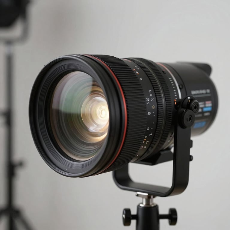 Close-up of professional photography lighting equipment in a clean, professional studio setting.