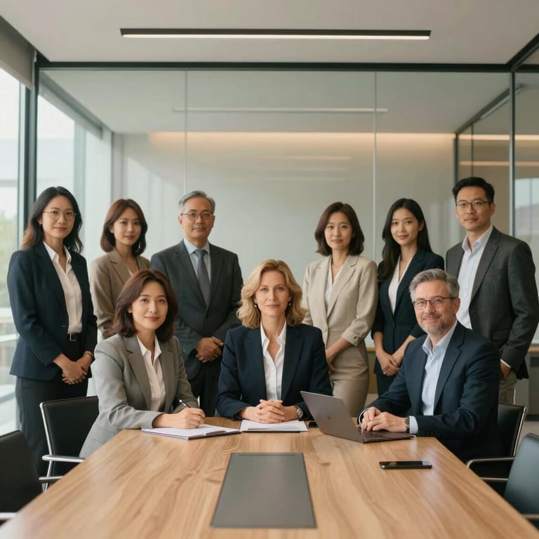 A group of corporate professionals posing together in a modern, glass-walled boardroom in Plano, soft beige tones.