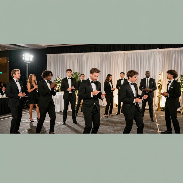 Wide shot of a corporate gala event in downtown Dallas, candid action, sophisticated lighting with sage grey accents.