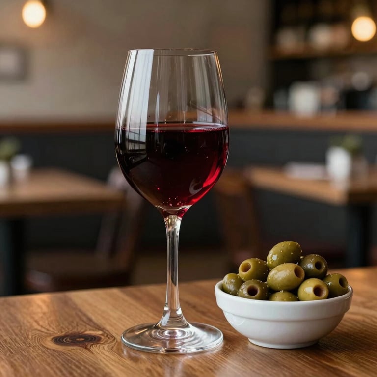 A glass of deep ripe crimson wine standing next to a bowl of artisanal olives in a cozy, warmly lit Scandinavian-style bistro.