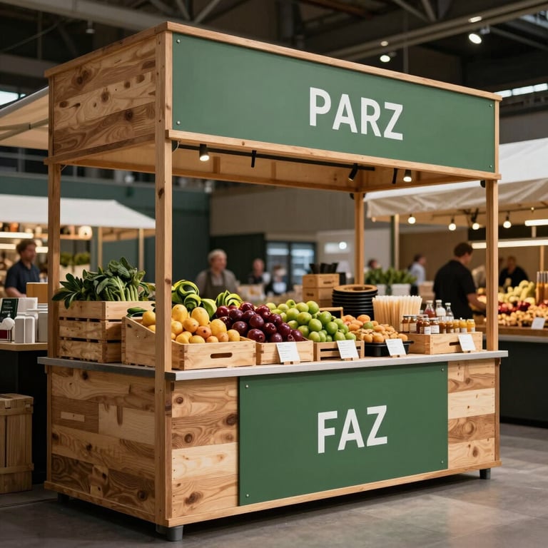 A wide shot of a modern food market stall with rustic wooden crates and sophisticated matte forest green signage.
