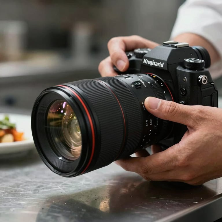 A close-up of a high-end camera lens focusing on a chef delicately plating a dish in a professional kitchen setting.