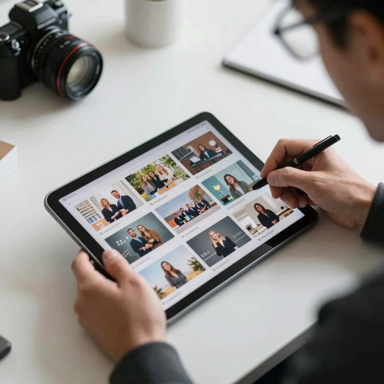 A creative team lead at a crisp parchment colored desk, planning a social media grid on a modern digital tablet.