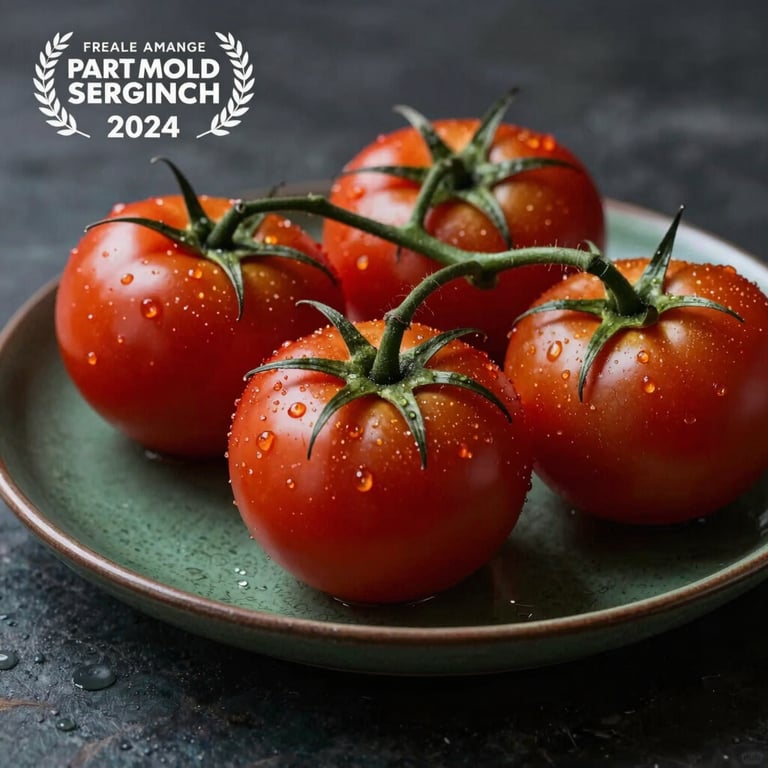 A moody, professional food shot of deep ripe crimson heirloom tomatoes on a dark leaf green ceramic plate.