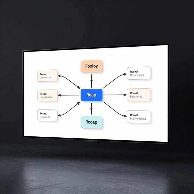 A clean, minimalist composition of a strategic roadmap displayed on a large high-resolution screen in a dark studio.