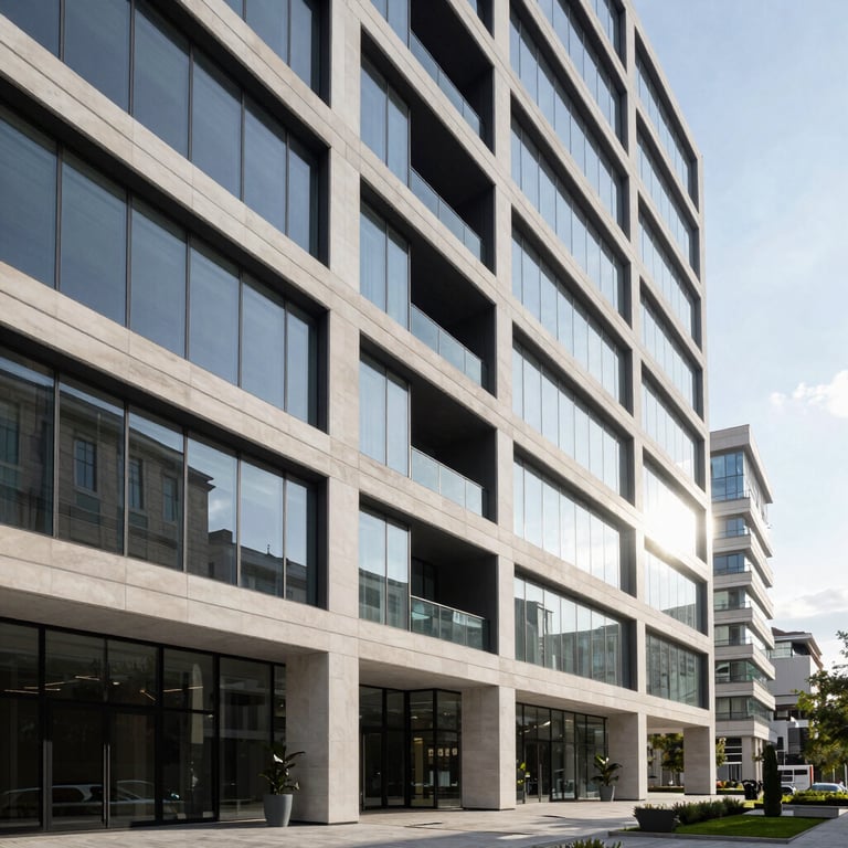Sophisticated architectural shot of a modern Istanbul office space with clean lines and sharp contrast.