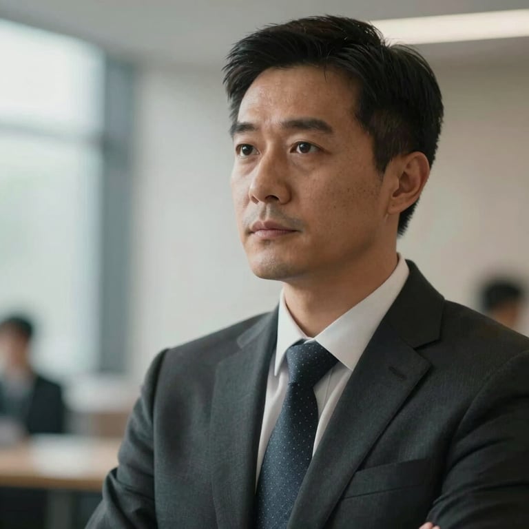 A cinematic portrait of a professional in a global / international business setting, looking focused and visionary.