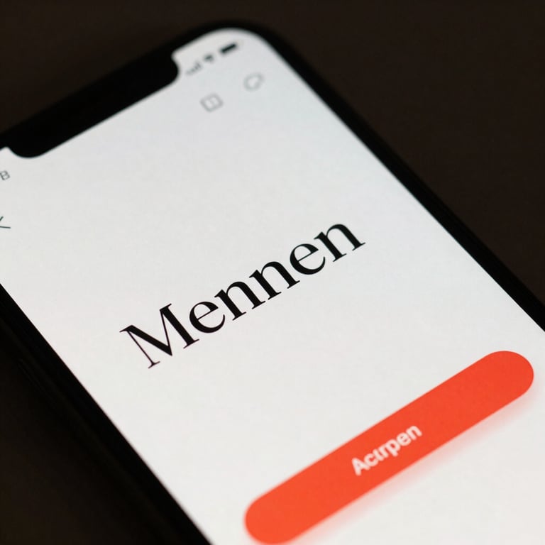 Macro shot of high-end software UI on a mobile screen with premium typography and off-white and red accents.
