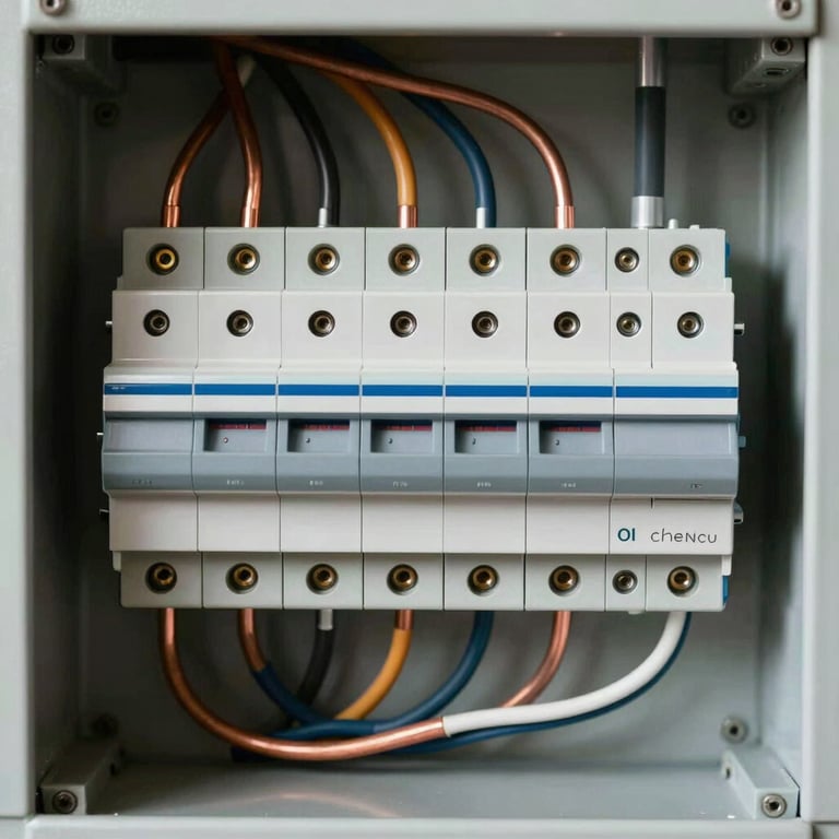 Macro shot of a perfectly organized residential breaker panel, neat copper wires routed symmetrically, bright natural light reflecting off clean metallic components.