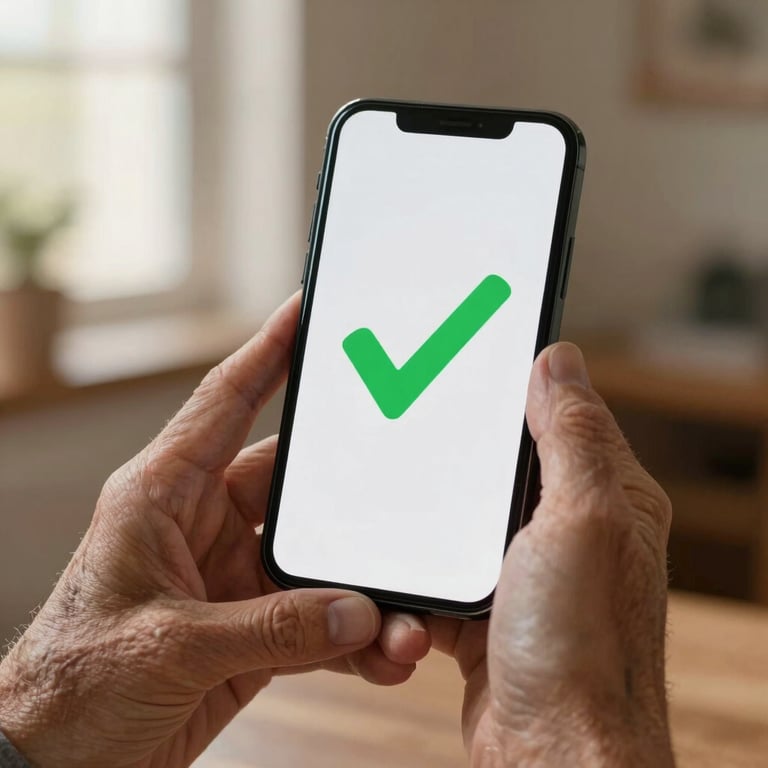 Close-up of elderly hands holding a modern smartphone naturally, displaying a large, clear green checkmark icon under warm domestic window light.