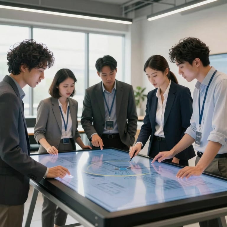 A diverse team of business professionals collaborating around a large touchscreen in a modern, clean-tech workspace.
