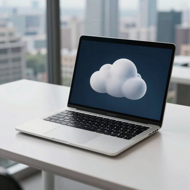 A clean, minimalist desk setup with a high-end laptop and a view of a city skyline, symbolizing remote cloud accessibility.