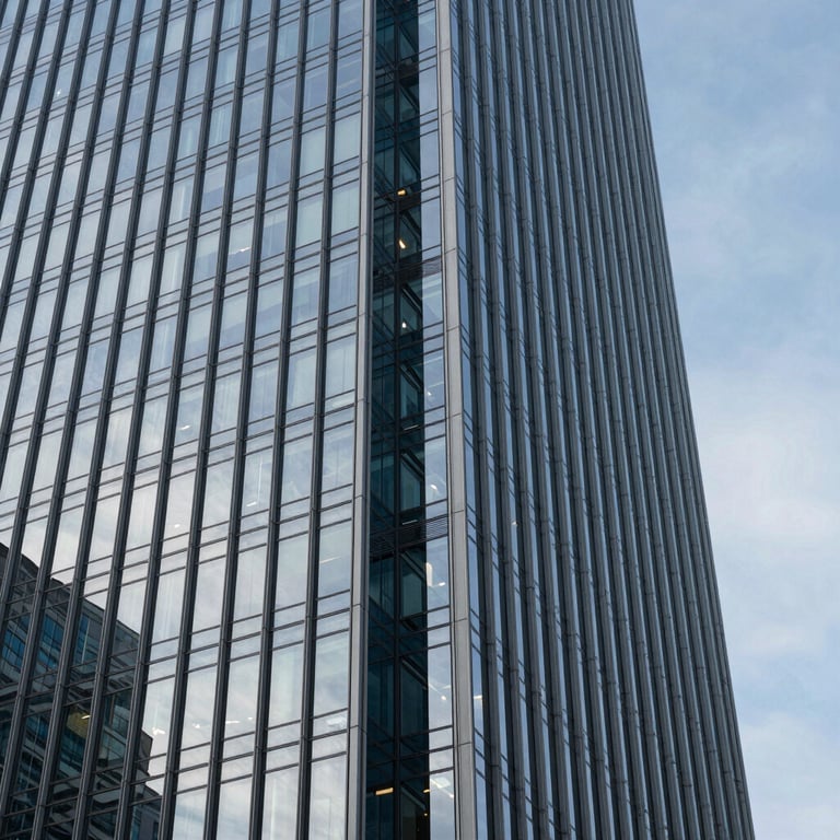 An architectural shot of a modern glass skyscraper reflecting a clear sky, representing corporate stability and growth.