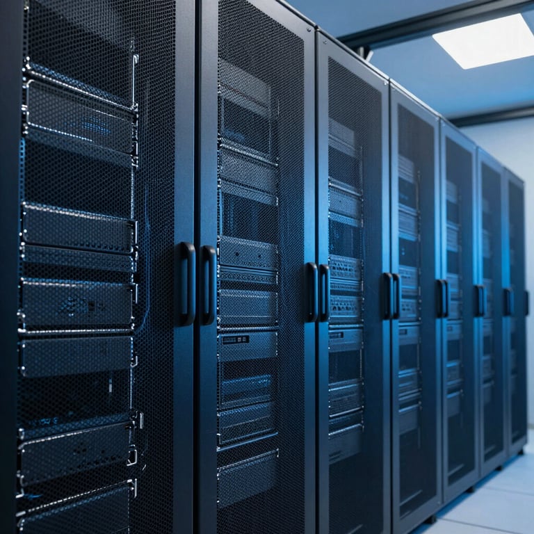 Sleek rows of server racks in a temperature-controlled data center bathed in professional blue light.