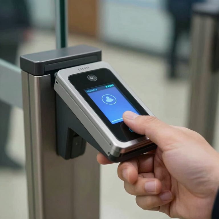 A close-up of a hand using a biometric security scanner at a high-tech North American office entrance, emphasizing data safety.