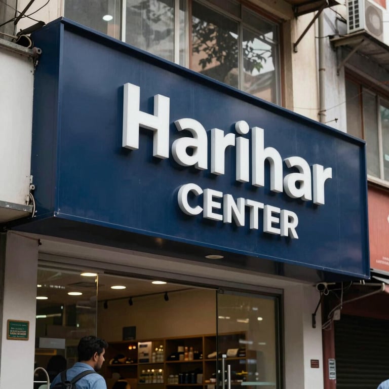 The exterior of the Harihar Center storefront in a busy South Asian / Indian street, featuring modern signage in deep navy blue and clean white.