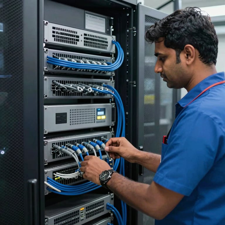 A South Asian / Indian technician working at a modern server rack with neatly organized slate blue and grey blue cables in a professional tech center.