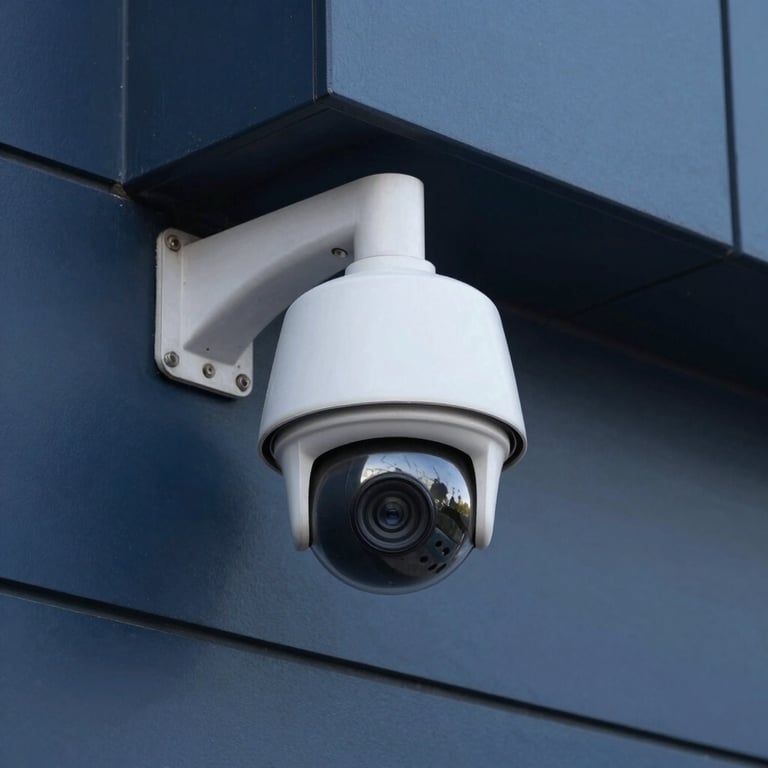 A detailed shot of a high-definition dome CCTV camera mounted on the corner of a modern South Asian / Indian building, featuring deep navy and slate blue tones.