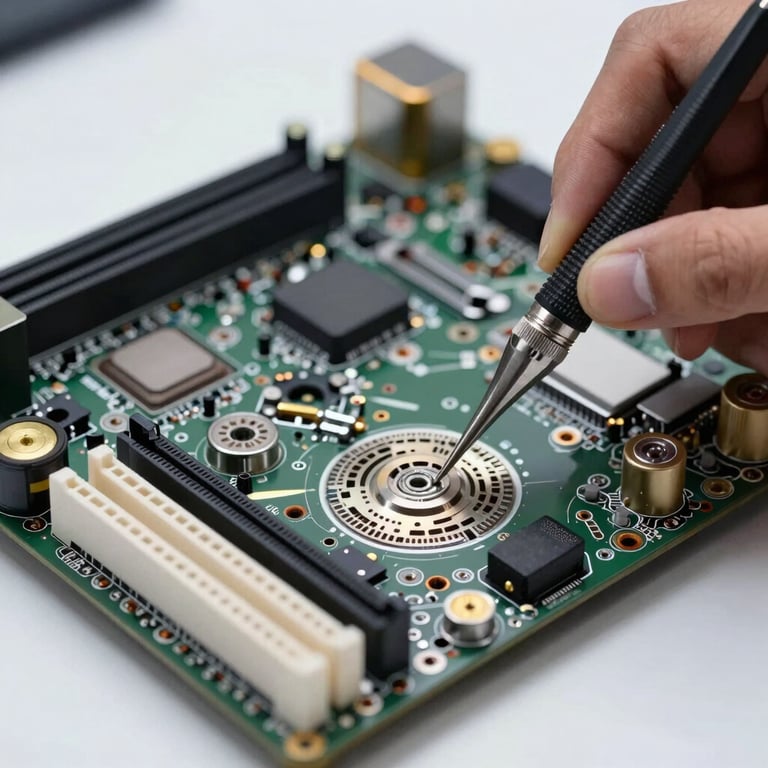 A close-up of a modern computer motherboard being serviced with precision tools in a high-tech South Asian / Indian repair facility.