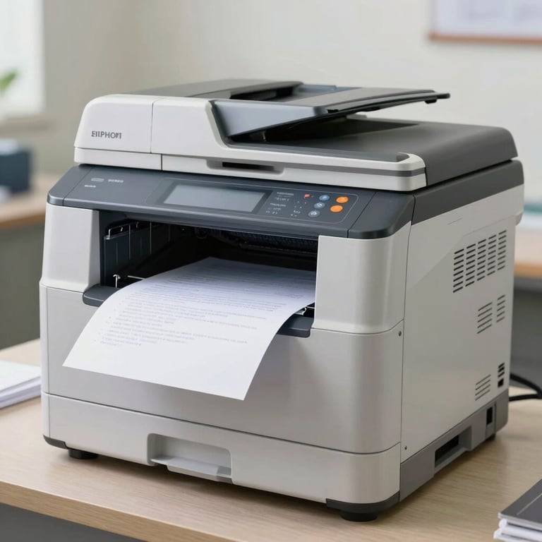 A high-speed professional photocopying machine in a clean, bright South Asian / Indian office environment, producing clear documents with efficiency.