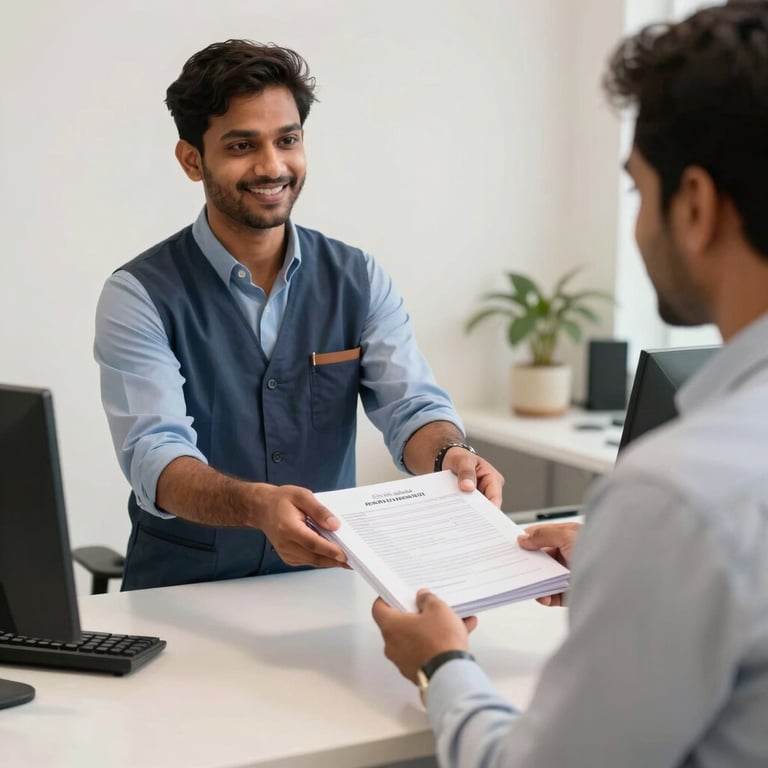 An approachable South Asian / Indian staff member handing a stack of professionally printed documents to a satisfied client at a clean off-white service desk.