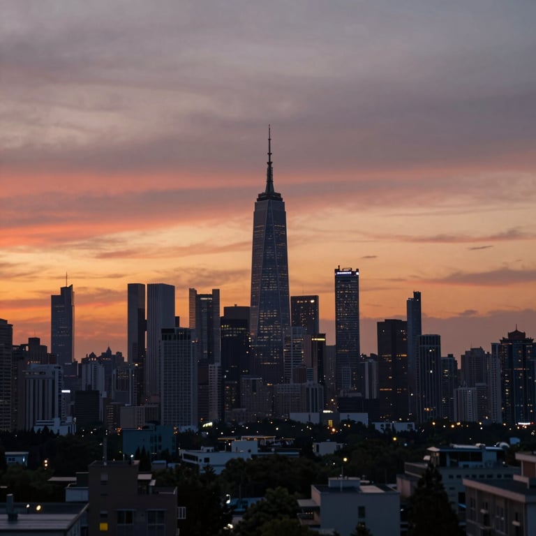 A beautiful sunset view over a city, symbolizing the relief and end of a productive day.