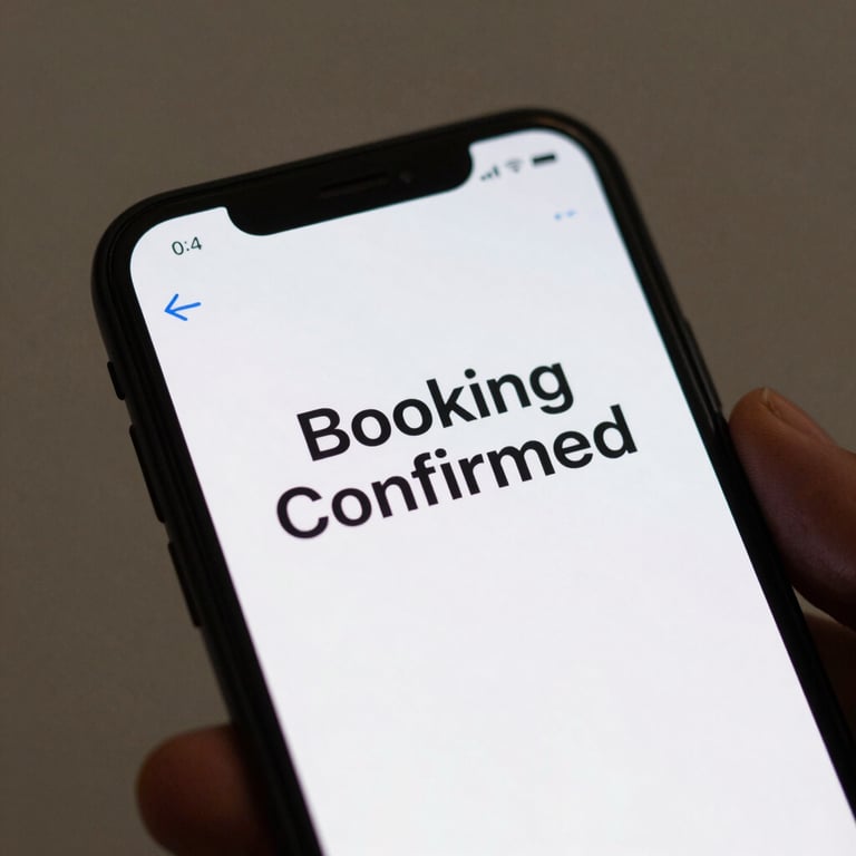 A close-up of a smartphone screen showing a 'Booking Confirmed' notification with professional branding.