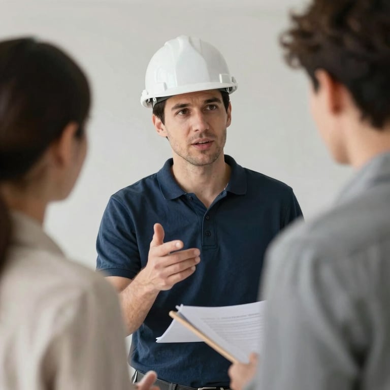 A renovation specialist in a hardhat talking to a client while we handle their incoming leads.