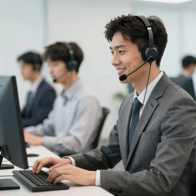 A professional Asian staff member at Smart Sphere wearing a headset and smiling while typing.