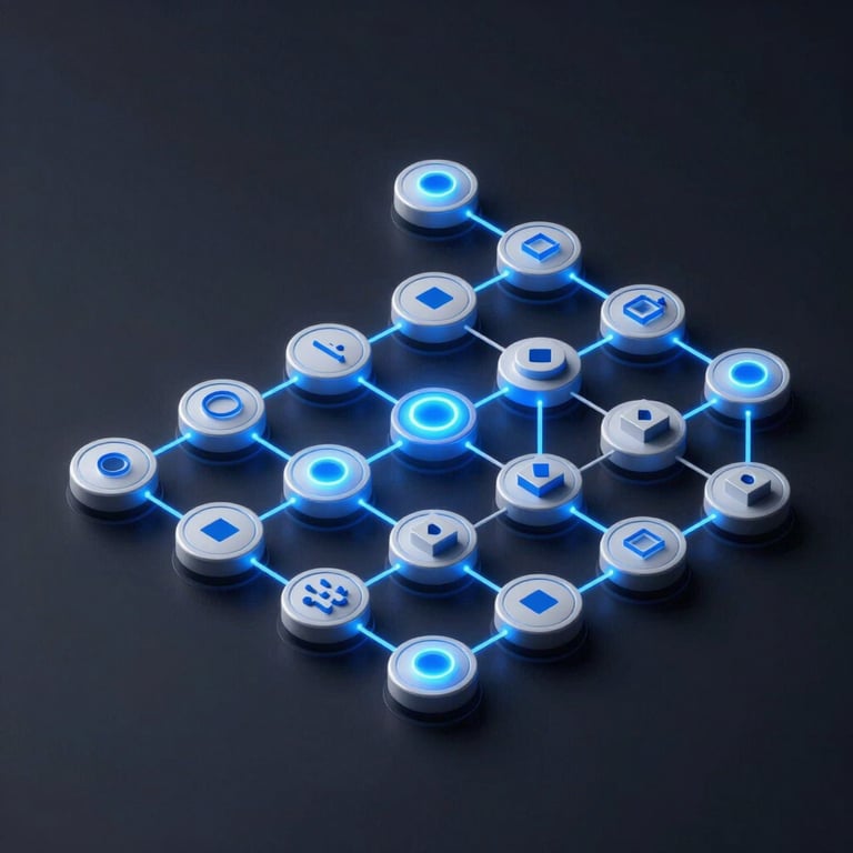 Isometric high-fidelity UI component showing node-based workflow diagram with glowing blue active data paths on a dark ambient background.