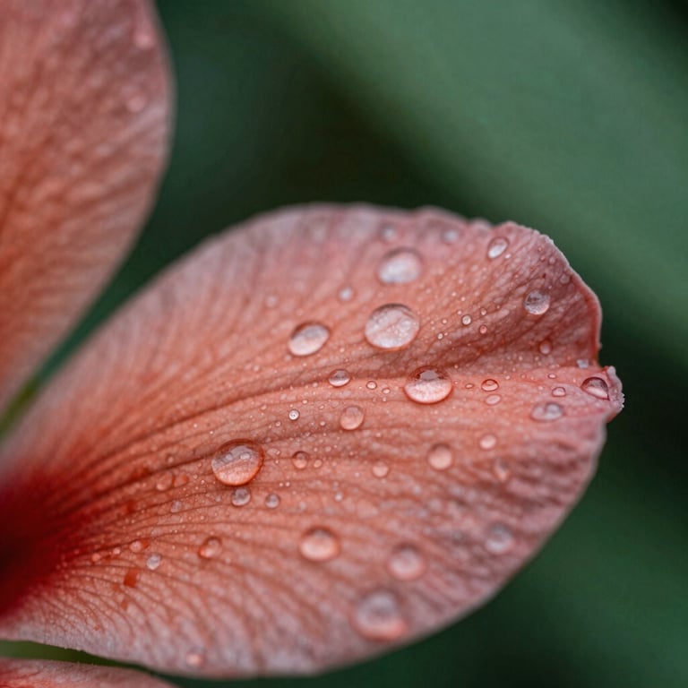 Macro shot of a delicate flower petal with dew drops, soft morning daylight, rich forest greens and terracotta tones, shallow depth of field
