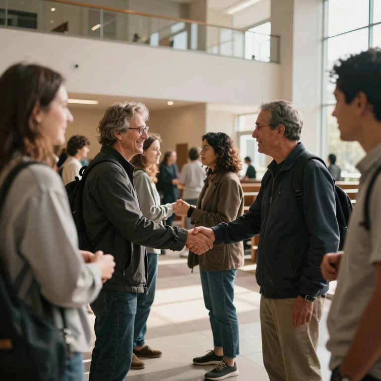 Warm daylight shot of a modern church lobby, people greeting each other warmly with handshakes and smiles, candid documentary style, natural lighting.