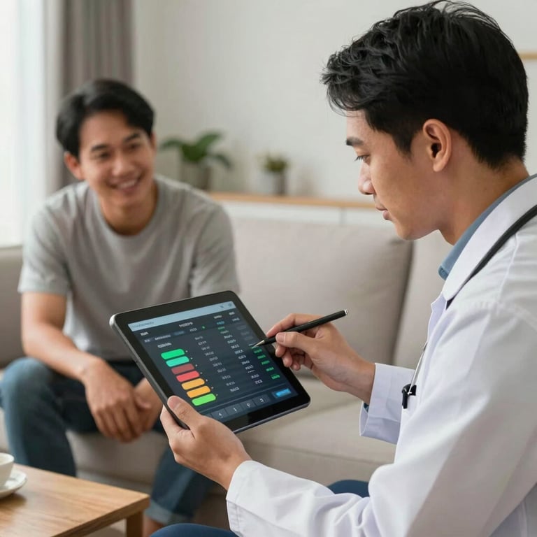 A Thai technician showing a digital tablet with energy savings data to a smiling homeowner in a bright living room.