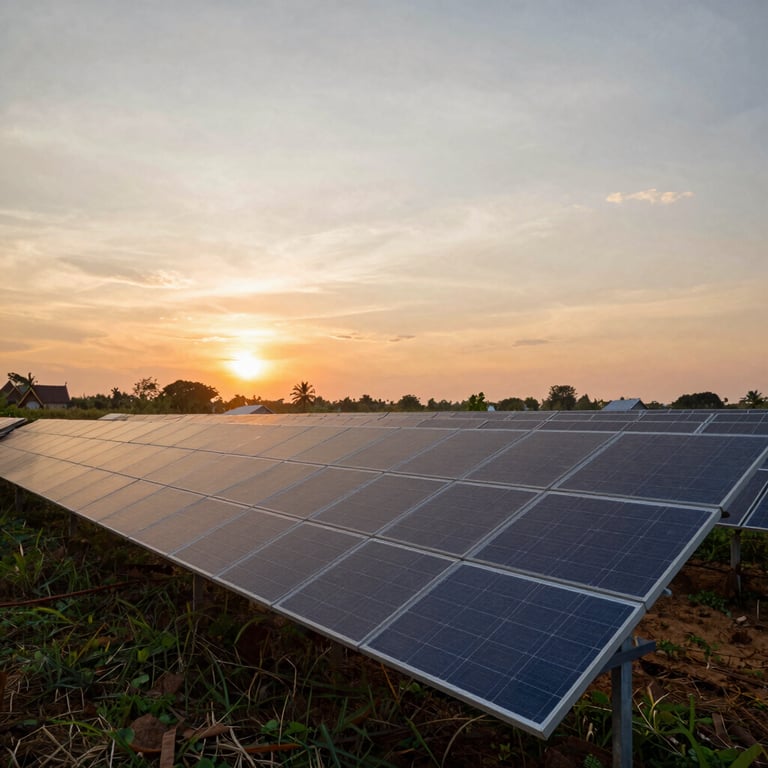 Beautiful sunset over a Thai farm where solar panels are integrated into the agricultural landscape.