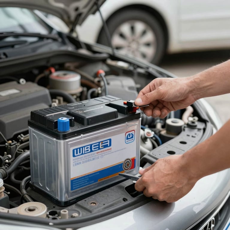 Technician inspecting brake pads on a vehicle in a clean, well-lit garage